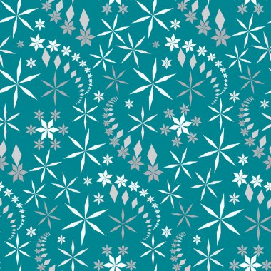 Seamless christmas pattern. Snowflakes, crystals on blue, turquoise background. Light colored star silhouettes. Winter theme texture. Vector illustration.