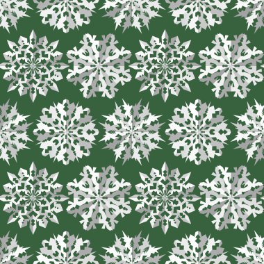Seamless christmas origami snowflake pattern. Paper cut out three-dimensional white signs on green background. Winter, New Year texture. Vector
