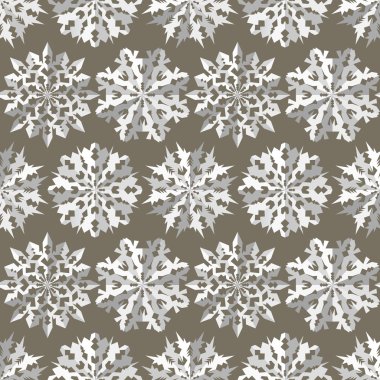 Seamless christmas origami snowflake pattern. Paper cut out three-dimensional white signs on gray background. Winter, New Year texture. Vector