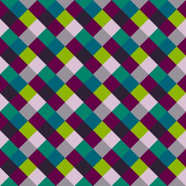 Seamless geometric checked pattern. Diagonal square, woven line background. Patchwork, rhombus, staggered texture. Green, gray, vinous colors. Winter theme. Vector