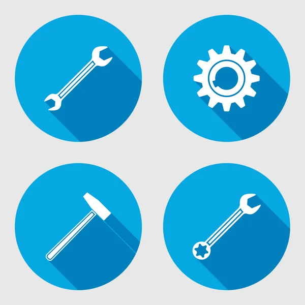 Screwdriver, hammer, wrench key icon, bolt nut, glue, oil-can. Repair fix tool symbol. Round circle flat icon with long shadow. Vector — Stok Vektör