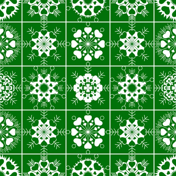 Seamless pattern of heart view snowflakes. Winter, Christmas, Valentine day, birthday texture. White ornament on green background. Vector — Stok Vektör