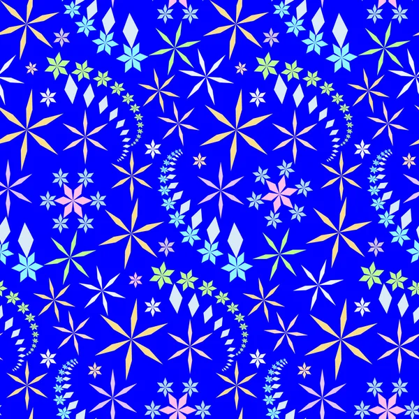 Patrón de Navidad sin costuras. Copo de nieve de luz cristalina, siluetas de estrellas sobre fondo azul brillante. Frío, frescura, textura tema de invierno. Vector — Vector de stock