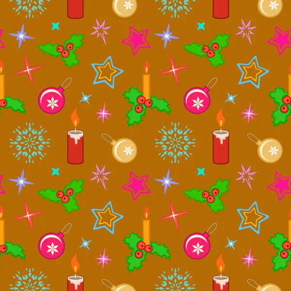 Seamless christmas pattern. Bright colored holly berry, candles, balls, stars, snowflakes on gold background. Winter, New Year, sale texture. Vector — ストックベクタ