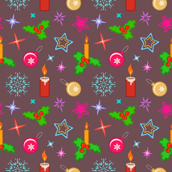 Seamless christmas pattern. Bright colored holly berry, candles, balls, stars, snowflakes on brown background. Winter, New Year, sale texture. Vector — ストックベクタ