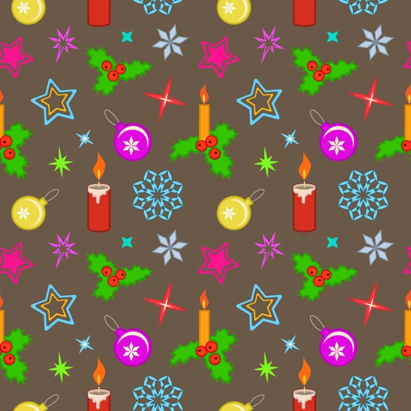 Seamless christmas pattern. Bright colored holly berry, candles, balls, stars, snowflakes on gold brown background. Winter, New Year, sale texture. Vector — ストックベクタ