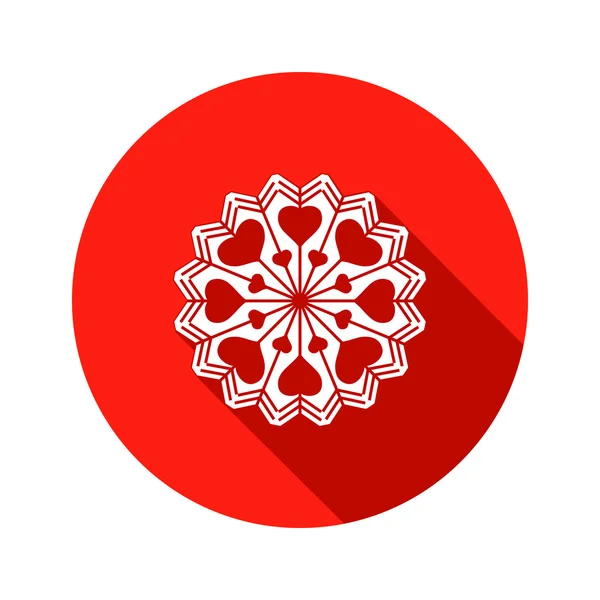 Snowflake, heart view icon. Christmas, Valentine day, birthday symbol. White sign on round red button with long shadow. Vector isolated — Διανυσματικό Αρχείο