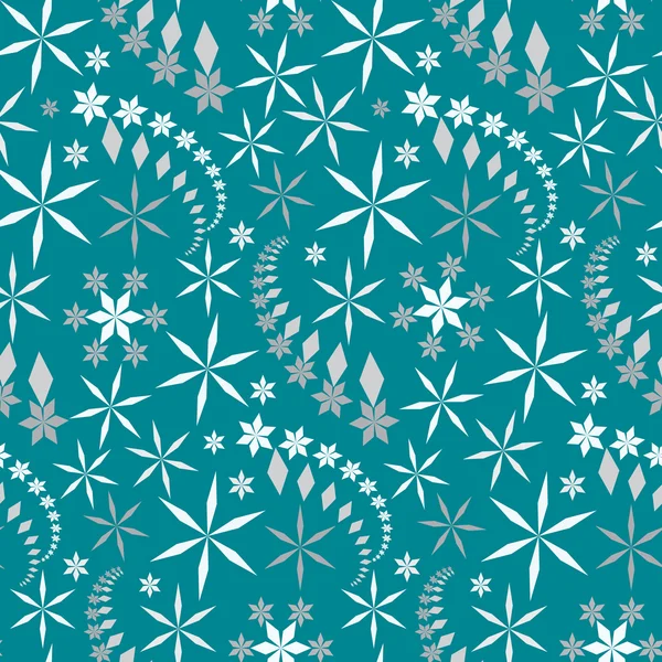 Motivo di Natale senza soluzione di continuità. Fiocchi di neve, cristalli su sfondo blu, turchese. Silhouette a stella di colore chiaro. Texture tema invernale. Illustrazione vettoriale . — Vettoriale Stock