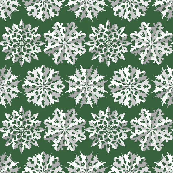 Seamless christmas origami snowflake pattern. Paper cut out three-dimensional white signs on green background. Winter, New Year texture. Vector — Stok Vektör