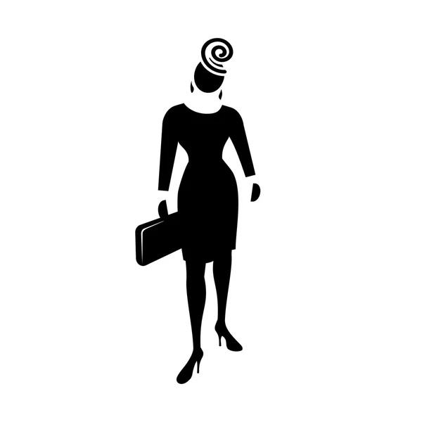 Icono de mujer de negocios. Señora de la moda con bolsa pequeña y sombrero. Social, gente, símbolo femenino. Silueta negra. Vector — Archivo Imágenes Vectoriales