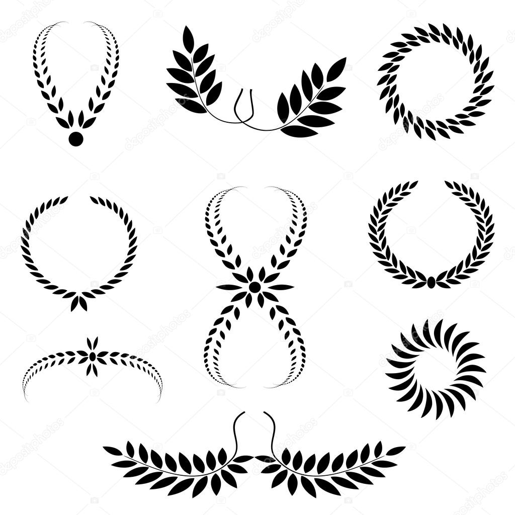 Laurel wreath tattoo set. Black ornaments, nine signs on white background.  Victory, peace, glory symbol. Vector