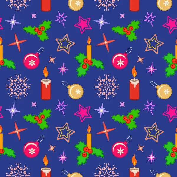 Seamless christmas pattern. Bright colored holly berry, candles, balls, stars, snowflakes on blue background. Winter, New Year, sale texture. Vector — ストックベクタ