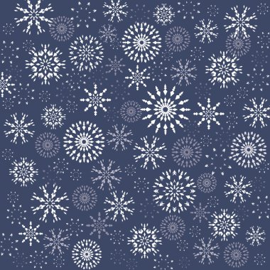 Christmas pattern. Winter theme texture. Snowflake silhouettes on dark blue background. Vector illustration.