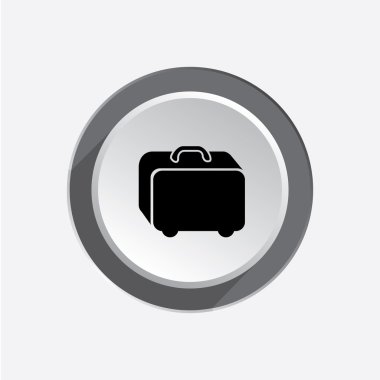 Baggage icon. Hand luggage for traveling. Airport info symbol. Black icons on white-gray button with shadow. Vector