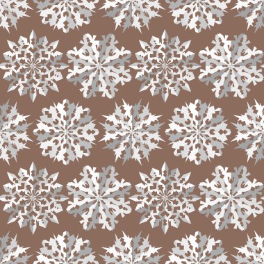 Origami snowflake seamless pattern. Christmas, New Year texture. Paper cut out white signs on light brown, beige background. Vector