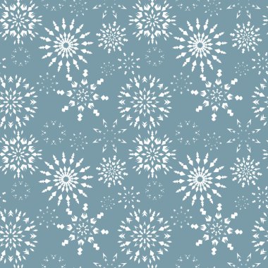 Seamless christmas pattern. Winter theme texture. White snowflake silhouettes on gray-blue background. Vector illustration.