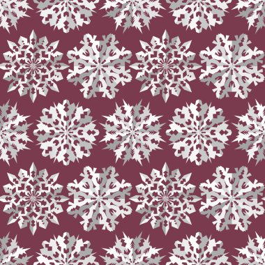 Origami snowflake seamless pattern. Christmas, New Year texture. Paper cut out white signs on vinous, purple background. Vector