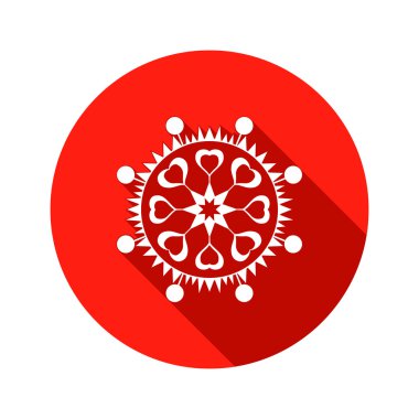 Snowflake, heart view icon. Christmas, Valentine day, birthday symbol. White sign on round red button with long shadow. Vector isolated