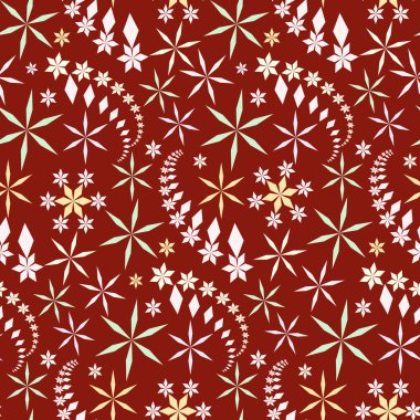 Crystals seamless christmas pattern. Snowflake texture. Light figures on dark red, brown background. Winter, sale, ice cream theme. Vector