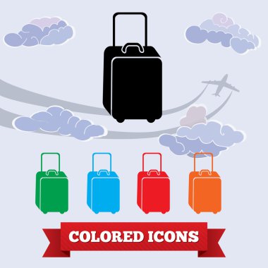 Bag icon. Luggage, baggage symbol. Black, red, green, blue, orange colored signs on light sky with clouds and airplane. Vector