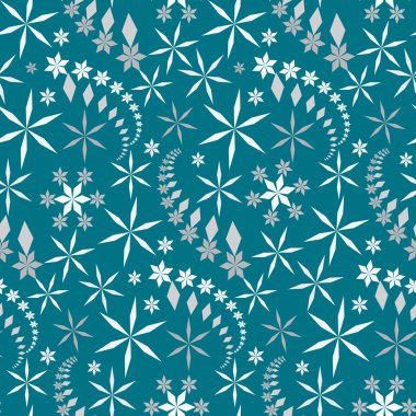 Crystals seamless christmas pattern. Snowflake texture. Silver figures on dark blue background. Winter, sale, ice cream theme. Vector