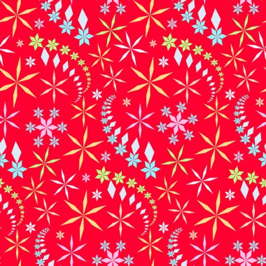 Seamless christmas pattern. Crystal light snowflake, star silhouettes on warm, bright red background. Frost and sun theme texture. Vector