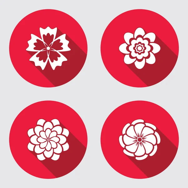 Conjunto de iconos de flores. Manzanilla, margarita, crisantemo, aciano. Símbolo floral. Icono plano rojo redondo con sombra larga. Vector — Archivo Imágenes Vectoriales