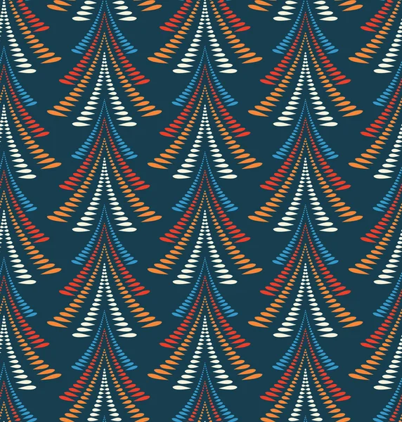 Seamless Christmas pattern. Trees, firs on dark blue background. Winter, New Year texture. Blue, orange, red and white colors. Vector — Διανυσματικό Αρχείο