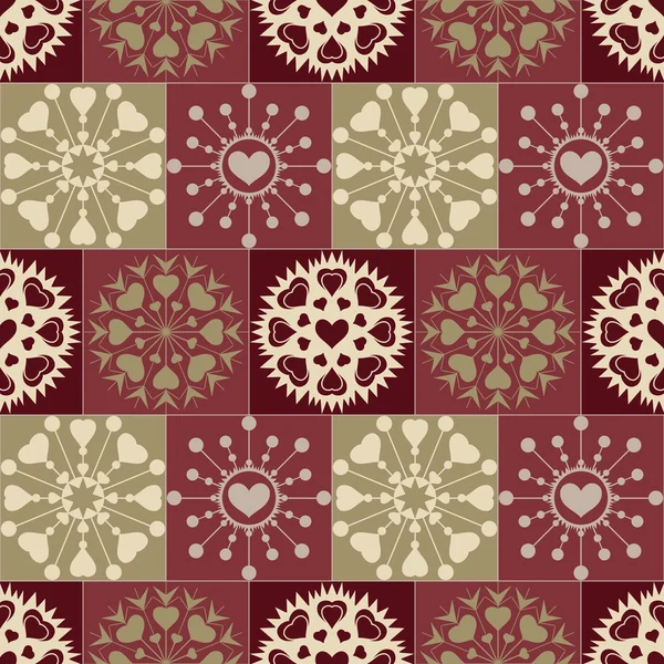 Christmas seamless pattern of heart snowflakes. New Year, Valentine, birthday texture. Brown, vinous, gold colored background. Vector — Διανυσματικό Αρχείο