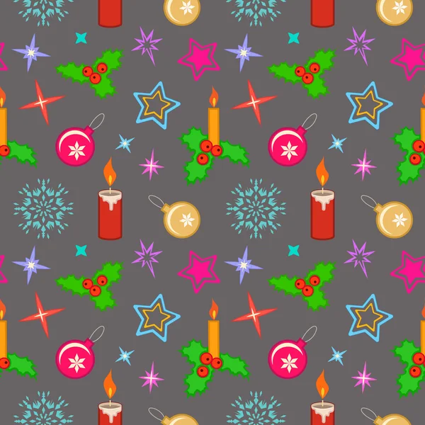 Christmas seamless pattern. Candles, balls, holly berry and snowflakes on gray background. Winter, New Year, sale texture. Vector — ストックベクタ
