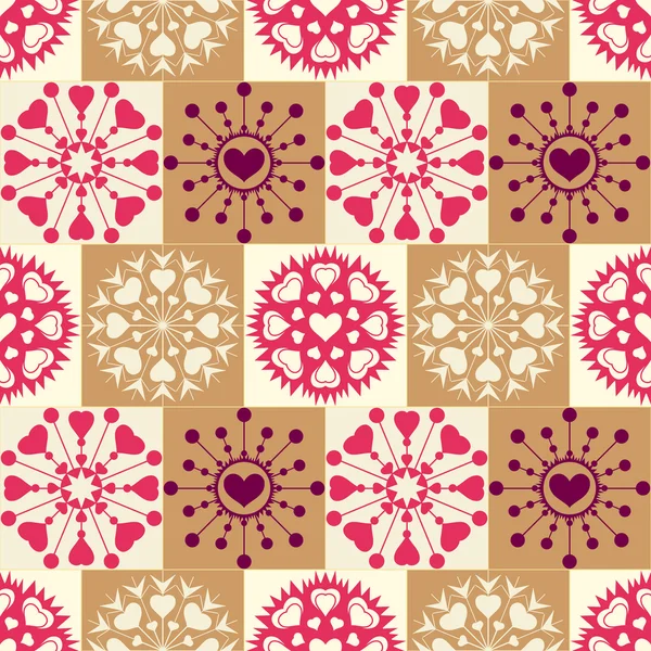 Christmas seamless pattern of heart snowflakes. New Year, Valentine, birthday texture. Gold, magenta, vinous, yellow colors. Vector