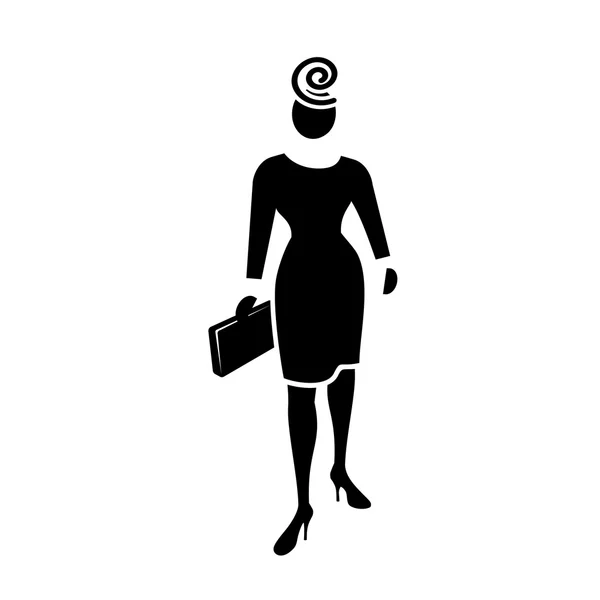 Busines icona donna. Donna di moda con piccola borsa e cappello. Sociale, persone, simbolo femminile. Silhouette nera. Vettore — Vettoriale Stock