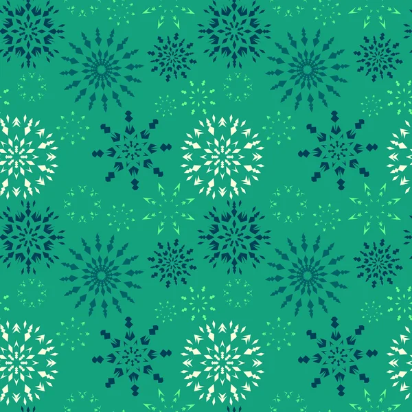 Christmas seamless pattern. Blue and white snowflakes on dark turquoise background. Winter theme retro texture. Vector illustration. — Stok Vektör