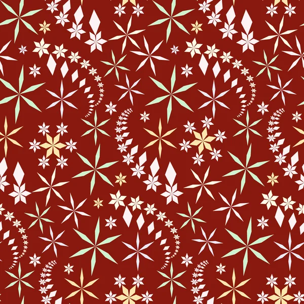 Cristaux motif de Noël sans couture. Texture flocon de neige. Figurines claires sur fond rouge foncé, brun. Hiver, vente, thème crème glacée. Vecteur — Image vectorielle