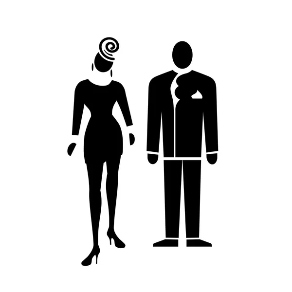 People icon. Standing woman and man. Person, human, office, social, party symbol. Black signs on white. Vector — Wektor stockowy