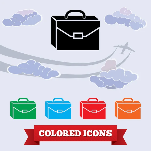 Baggage icon. Hand luggage, traveling symbol. Black, red, green, blue, orange colored signs on light sky with clouds and airplane. Vector — Stok Vektör