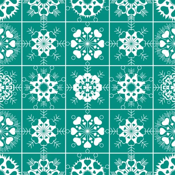 Heart snowflake seamless pattern. Christmas, Valentine, birthday, winter texture. White ornament on turquoise background. Vector — 图库矢量图片