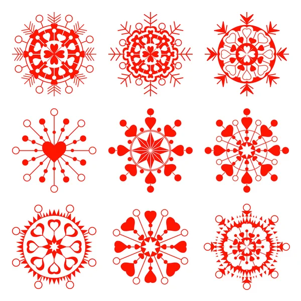 Copo de nieve, conjunto de iconos de vista del corazón. Navidad, San Valentín, símbolo de cumpleaños. Carteles rojos en blanco. Vector — Vector de stock