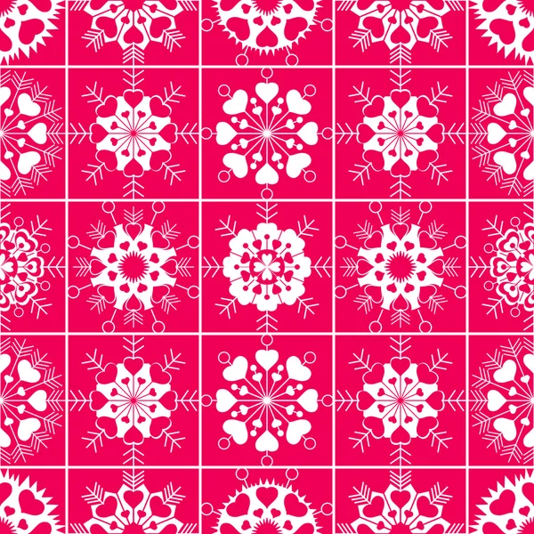 Coeur flocon de neige motif sans couture. Noël, Saint Valentin, anniversaire, texture hivernale. Ornement blanc sur fond magenta. Vecteur — Image vectorielle