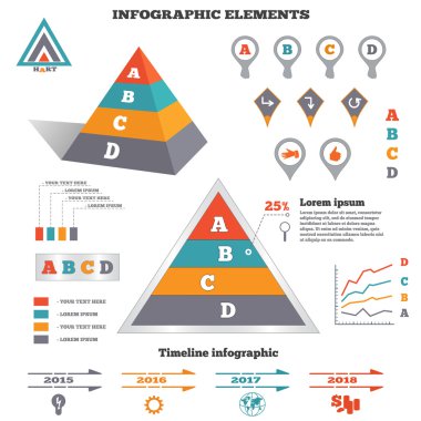 Infographics elements set. Pyramid chart, graphics tags and marks. Perspective view. Timeline diagram, icons. Four option banner. Vector