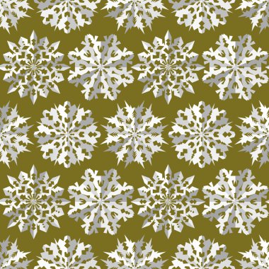 Origami snowflake seamless pattern. Christmas, New Year texture. Paper cut out white signs on olive background. Vector