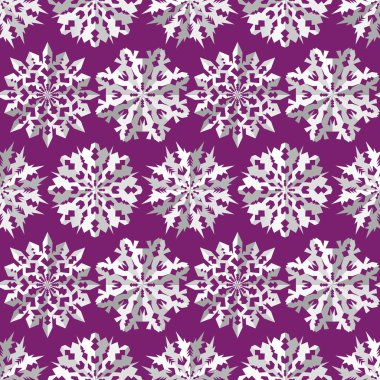 Origami snowflake seamless pattern. Christmas, New Year texture. Paper cut out white signs on lilac background. Vector
