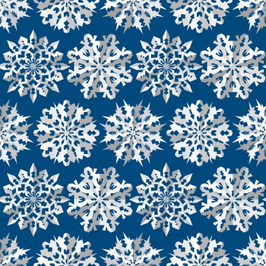Origami snowflake seamless pattern. Christmas, New Year texture. Paper cut out white signs on blue background. Vector