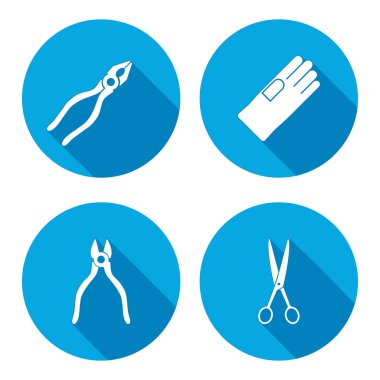 Pliers, scissors, glove, tongs icons set. Repair, fix tool symbol. Round button with long shadow. Vector