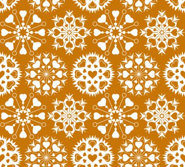 Christmas seamless pattern of heart view snowflakes. New Year, Valentine, birthday texture. Gold, white colored. Vector