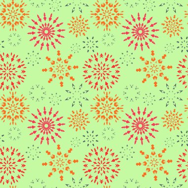 Christmas seamless pattern. Red, orange, gray snowflakes on light green background. Winter texture. Fruit snow. Vector