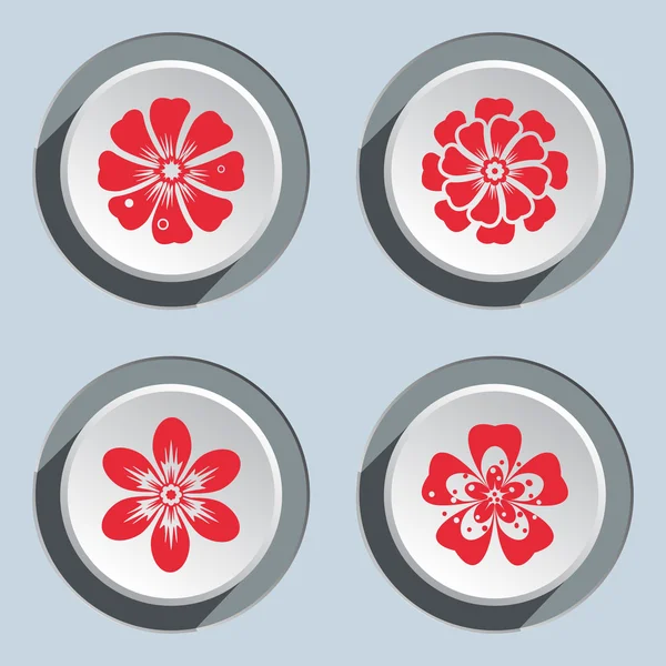 Flower icon set. Dahlia, aster, daisy, chamomile, chrysanthemum, gowan. Floral symbol. Red signs on white-gray button. Vector — 스톡 벡터