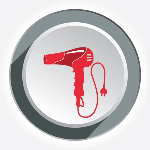 Hairdryer, blow dryer with two-pin plug icon. Hairdresser tool symbol. Red sign on round circle white-gray button. Vector — Wektor stockowy