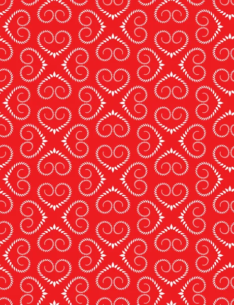 Seamless heart pattern. Vintage swirl, twist texture. Stylized ornament of laurel leaves. White figures on red background. Love, birthday, Valentine day theme. Vector — 图库矢量图片