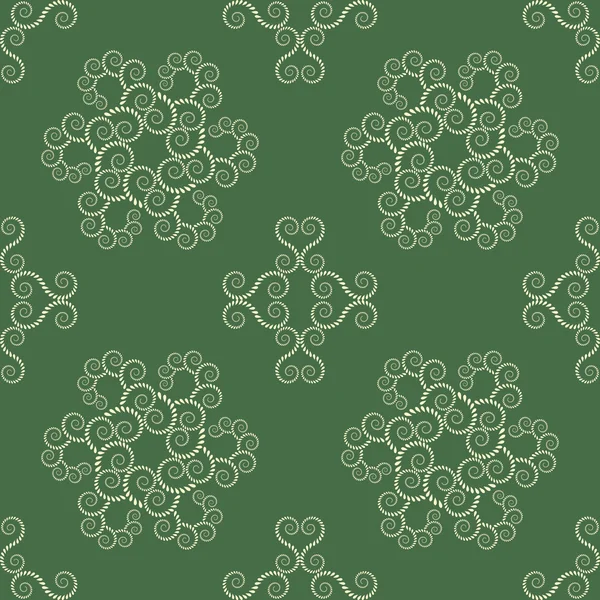 Seamless lace pattern. Vintage texture. Spiral swirl figures, floral snowflakes. Twist ornament of laurel leaves. Green, yellow colored background. Vector — Stockvector